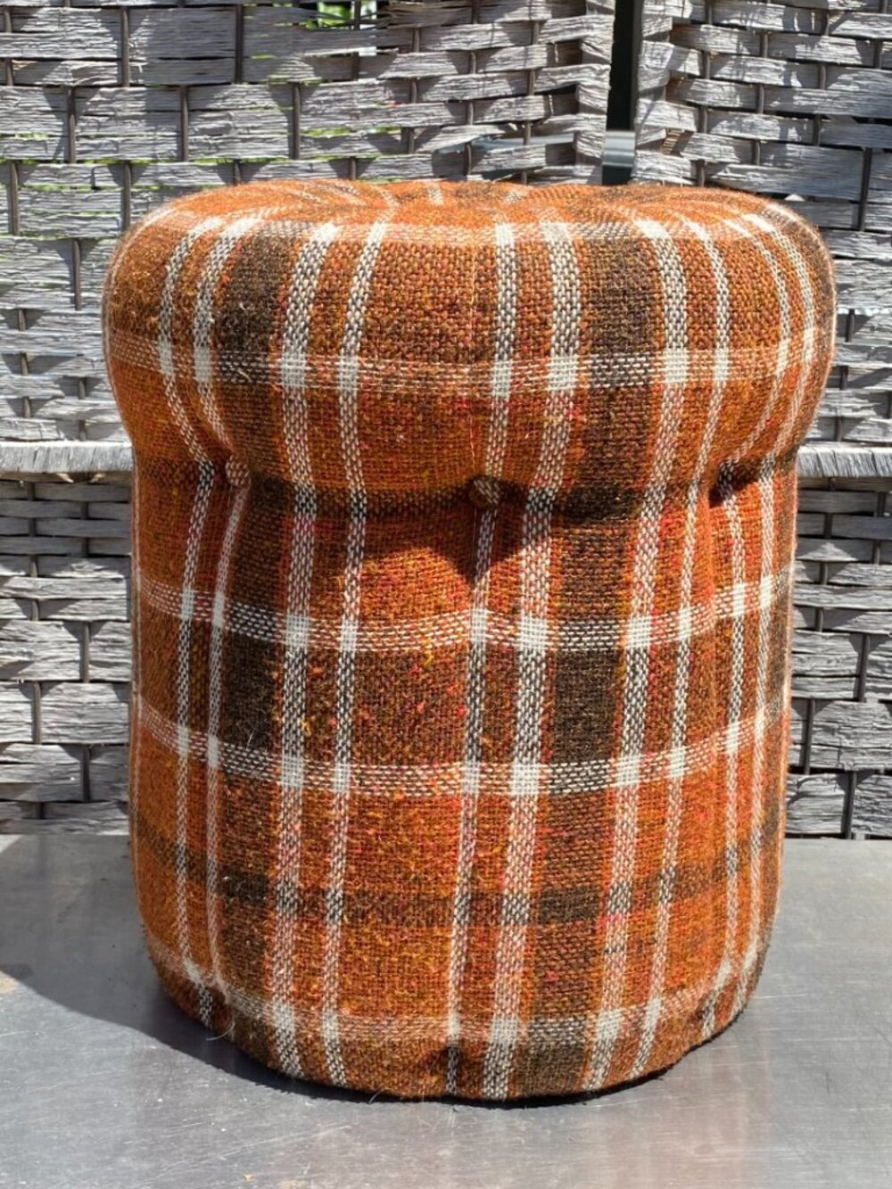 RARE Vintage 1970s Mushroom Ottoman Orange Brown Plaid Tufted Fabric Footstool